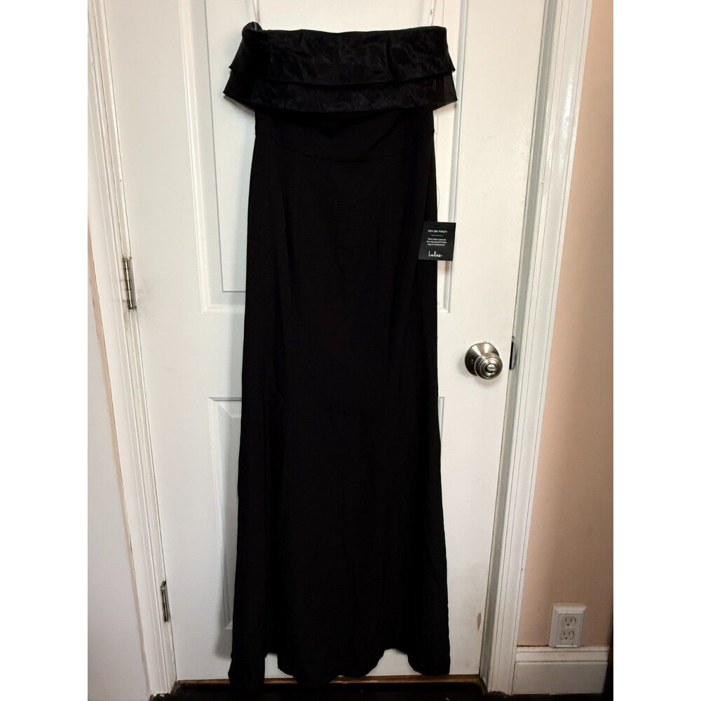 NWT Lulus Medium M Black Strapless Satin Chiffon Maxi Dress Homecoming Formal